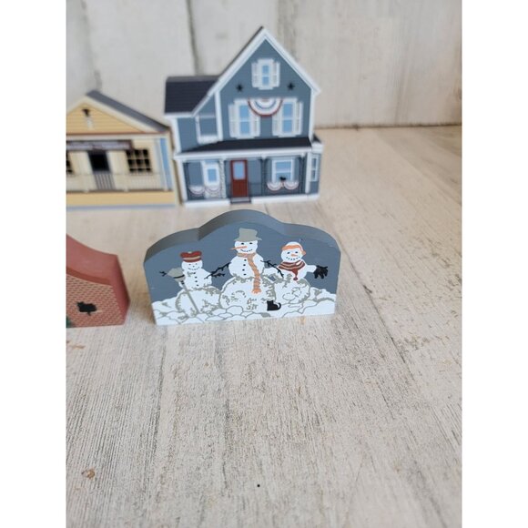 Wooden cats meow village drug store Snowman house shelf sitter set - Picture 2 of 9